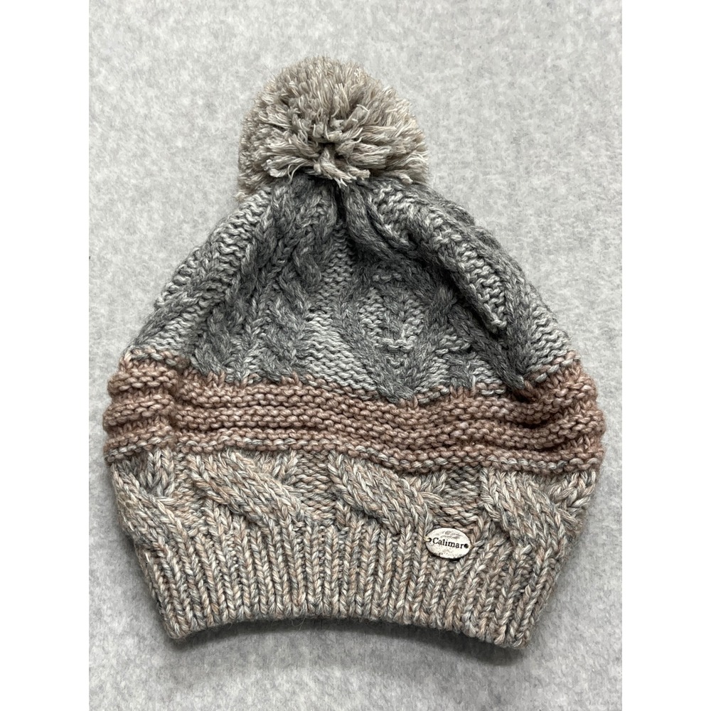 Calimar Italy Alpaca Virgin Wool Cable Knit Pom Cozy Beanie Hat Gray Tan RN